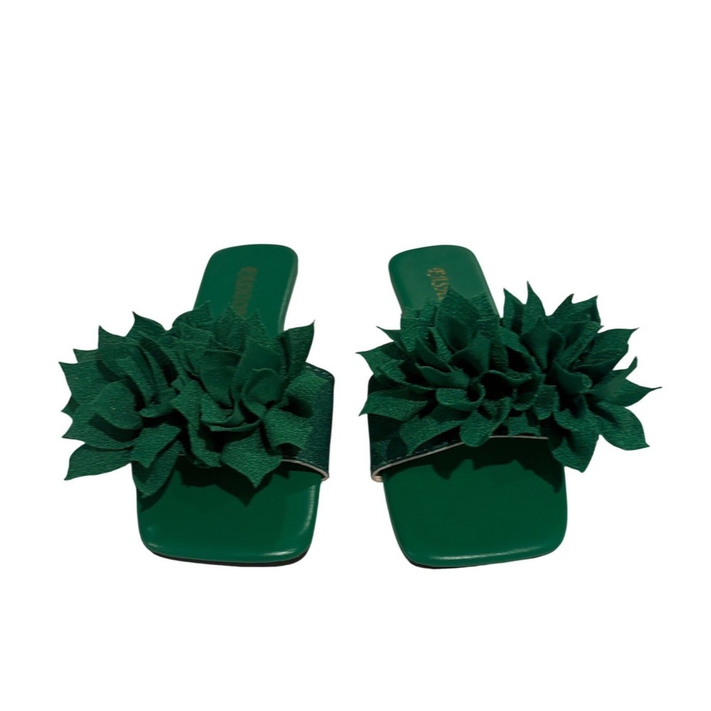 Fashion Emerald Green 3D Floral Square Toe Flat Slide Sandals Womens Size 36 - Picture 4 of 7